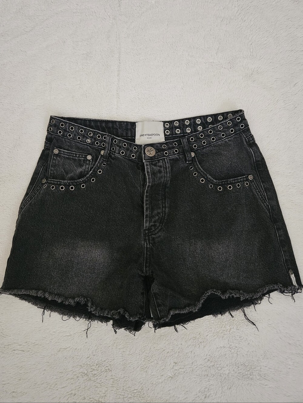 One Teaspoon Black Distressed Grommet Denim Shorts